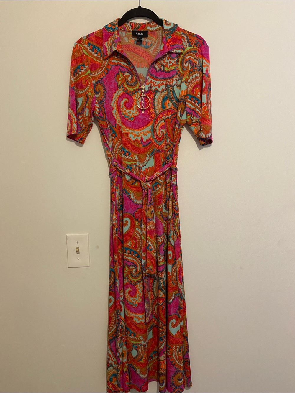 MSK Pink and Orange Paisley Zip-Front Maxi Dress